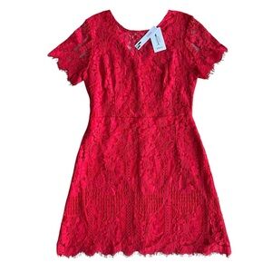 MSLG Womens Sz Large Bright Red Floral Lace Short Sleeve Round Neck A-line Dress